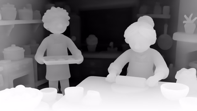 Lotus-D v1.1 depth map of Claymation kitchen
