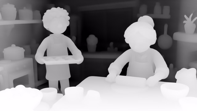 Lotus-G v1.0 depth map of Claymation kitchen