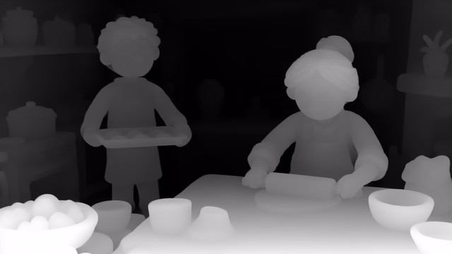 Lotus-G v2.0 Disparity depth map of Claymation kitchen