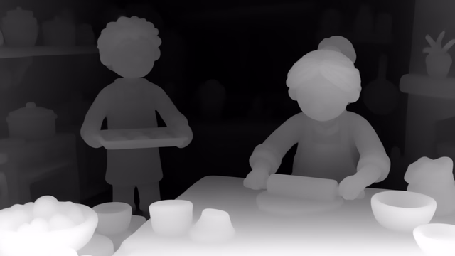 Lotus-G v2.1 Disparity depth map of Claymation kitchen