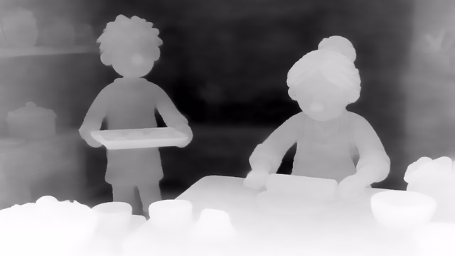 Marigold Depth LCM v1.0 depth map of Claymation kitchen