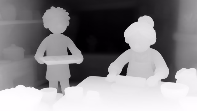 Marigold Depth v1.1 depth map of Claymation kitchen