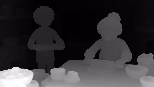 Metric3D v2 ViT-giant2 depth map of Claymation kitchen