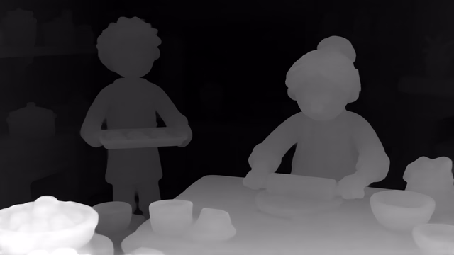Metric3D v2 ViT-Large depth map of Claymation kitchen