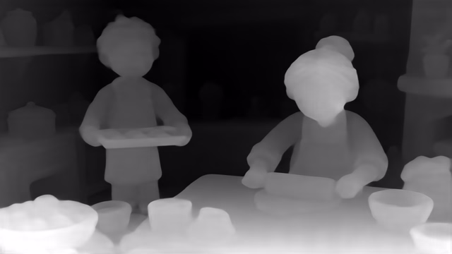 Metric3D v2 ViT-Small depth map of Claymation kitchen