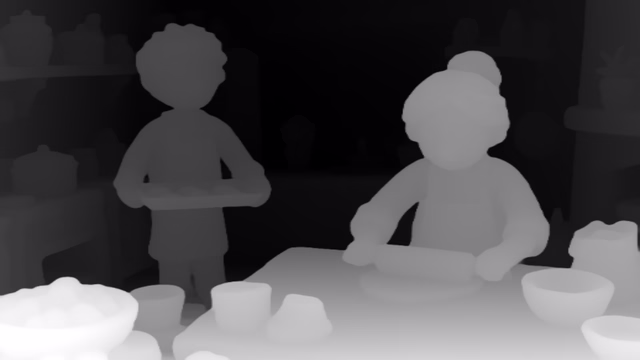 MoGe ViT-L depth map of Claymation kitchen