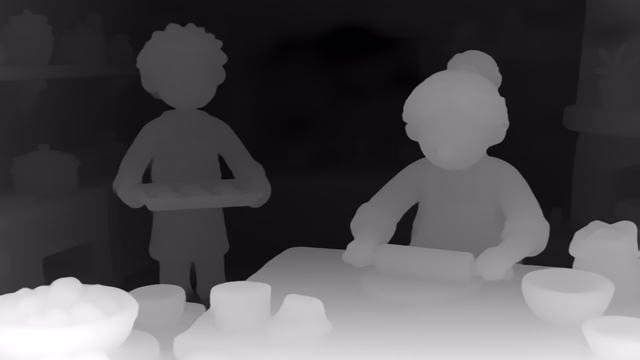 UniDepth v2 ViT-L depth map of Claymation kitchen