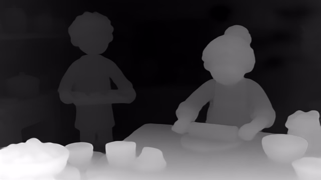 UniDepth v2 ViT-S depth map of Claymation kitchen