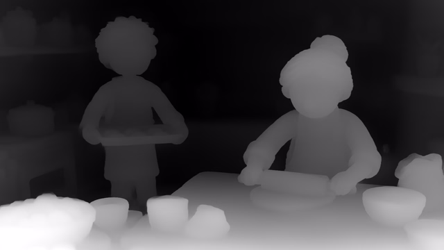 Video Depth Anything Small depth map of Claymation kitchen