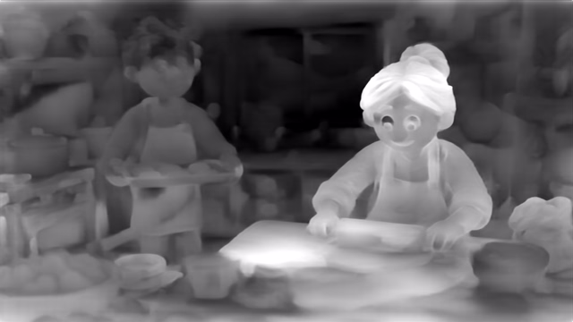 ZoeDepth NYU+KITTI depth map of Claymation kitchen