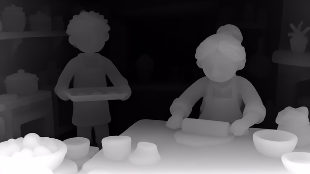 Lotus-D depth map of Claymation kitchen