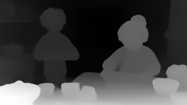 MiDaS DPT-Hybrid depth map of Claymation kitchen