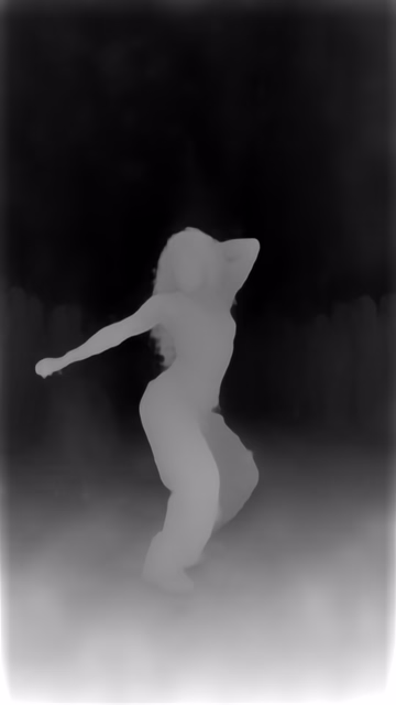 Depth Anything V1 ZoeDepth NYU depth map of Dancer in confetti