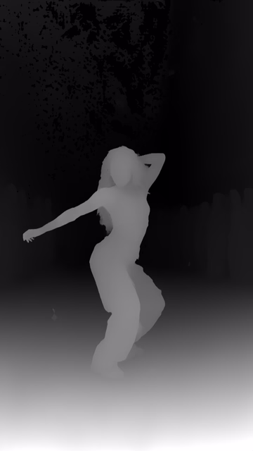 Depth Anything 3 Metric Large depth map of Dancer in confetti