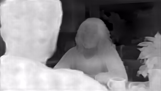 DPT DINOv2-Base NYU depth map of Kitchen dialogue
