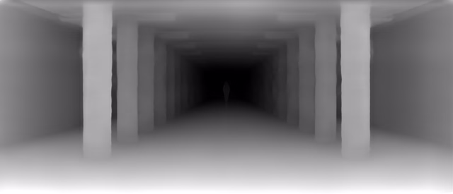 Depth Anything V1 ZoeDepth KITTI depth map of Metro corridor