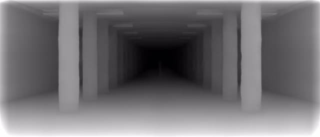 Depth Anything V1 ZoeDepth NYU depth map of Metro corridor