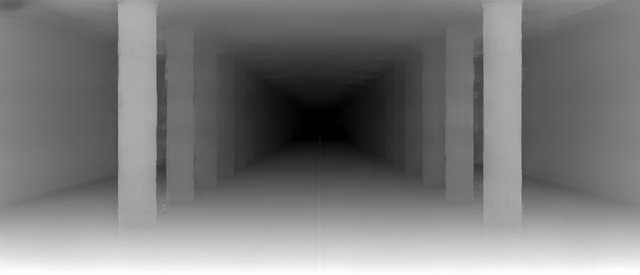 Depth Anything V2 Metric Outdoor Base depth map of Metro corridor