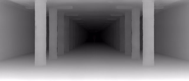 Depth Anything V2 Metric Outdoor Large depth map of Metro corridor