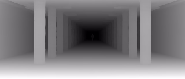 Depth Anything 3 Large depth map of Metro corridor