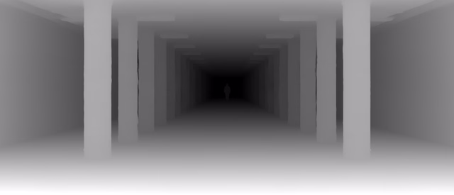 Depth Anything 3 Nested Giant-Large 1.1 depth map of Metro corridor