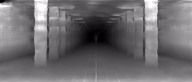DPT DINOv2-Base KITTI depth map of Metro corridor