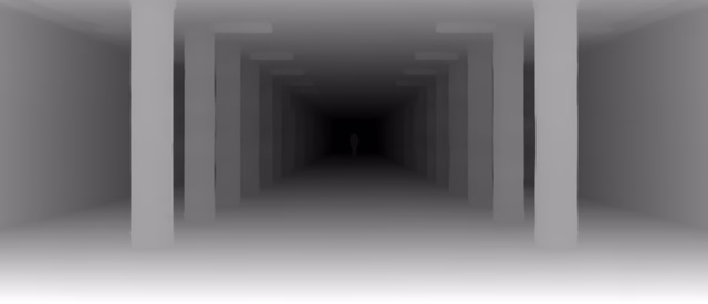 UniDepth v2 ViT-L depth map of Metro corridor