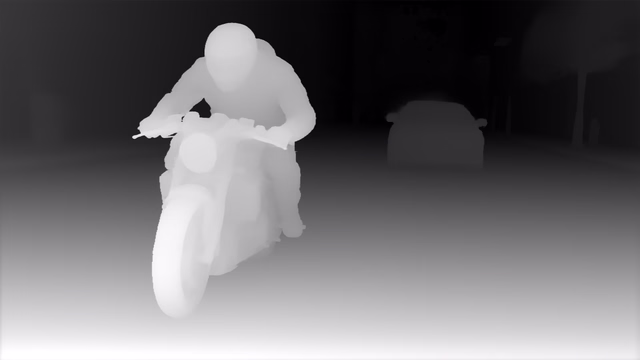 Depth Anything V3 Mono Large depth map of Motorcycle chase