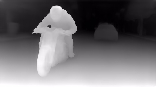 Depth Anything V1 ZoeDepth KITTI depth map of Motorcycle chase
