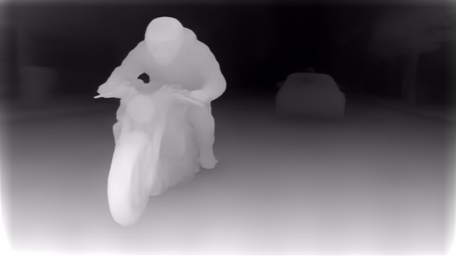 Depth Anything V1 ZoeDepth NYU depth map of Motorcycle chase