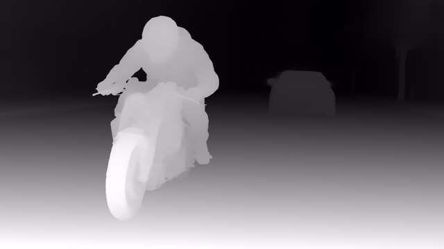 Depth Anything 3 Giant depth map of Motorcycle chase