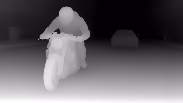 Distill Any Depth Large depth map of Motorcycle chase