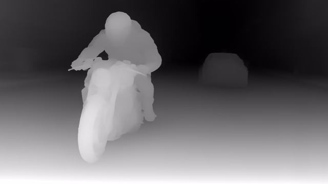 Distill Any Depth Small depth map of Motorcycle chase