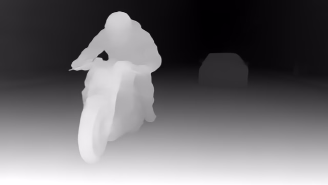 UniDepth v2 ViT-S depth map of Motorcycle chase