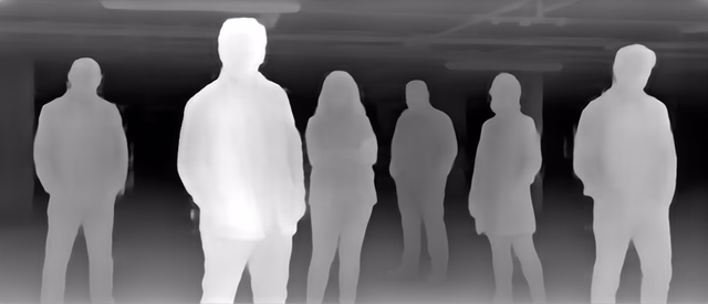 Depth Anything V1 ZoeDepth KITTI depth map of Parking garage lineup