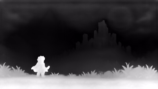 Depth Anything V1 ZoeDepth KITTI depth map of Pixel art castle