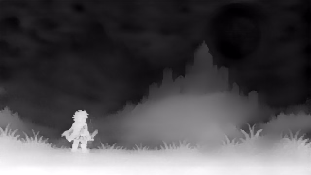 Depth Anything V2 Metric Indoor Small depth map of Pixel art castle