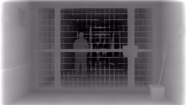 Depth Anything V1 ZoeDepth NYU depth map of Prison mesh gates