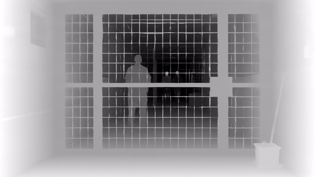 Depth Anything 3 Large 1.1 depth map of Prison mesh gates