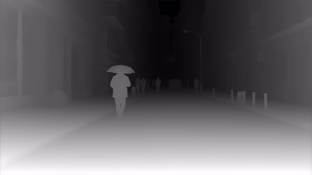 Depth Anything V3 Mono Large depth map of Rainy night street