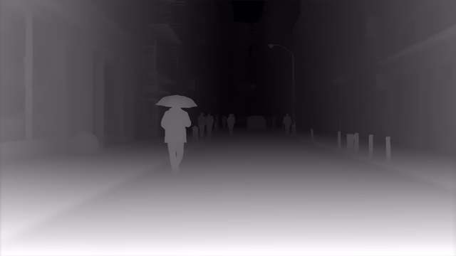 Depth Anything V3 Mono Large depth map of Rainy night street