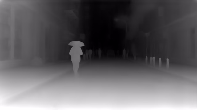 Depth Anything V1 ZoeDepth KITTI depth map of Rainy night street