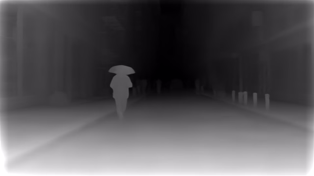 Depth Anything V1 ZoeDepth NYU depth map of Rainy night street