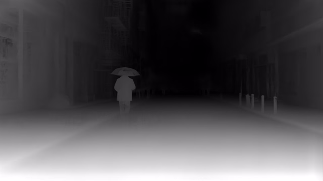 Depth Anything V2 Metric Indoor Base depth map of Rainy night street