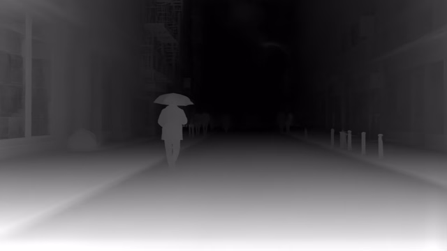 Depth Anything V2 Metric Indoor Large depth map of Rainy night street