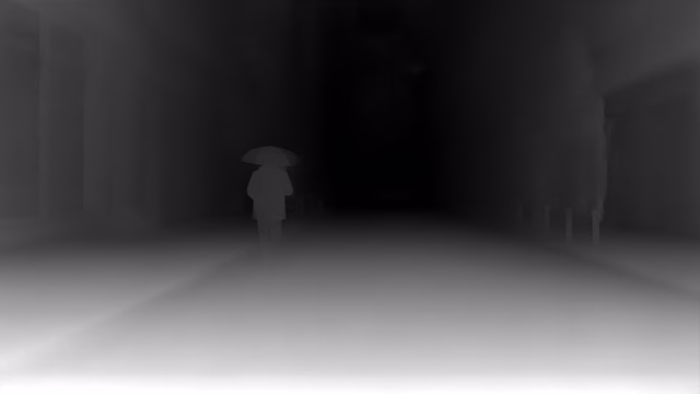 Depth Anything V2 Metric Indoor Small depth map of Rainy night street