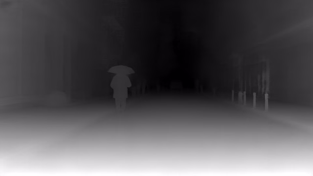 Depth Anything V2 Metric Outdoor Base depth map of Rainy night street