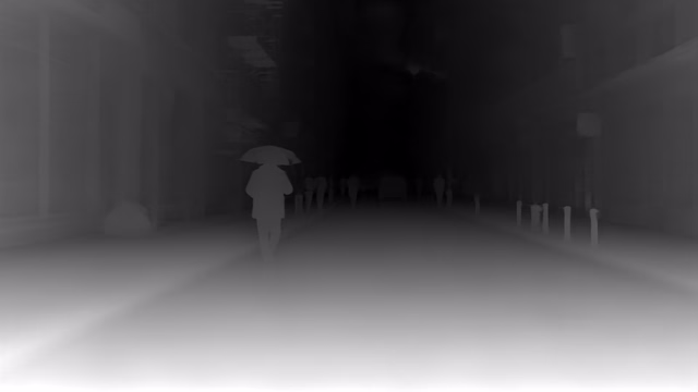 Depth Anything V2 Metric Outdoor Large depth map of Rainy night street