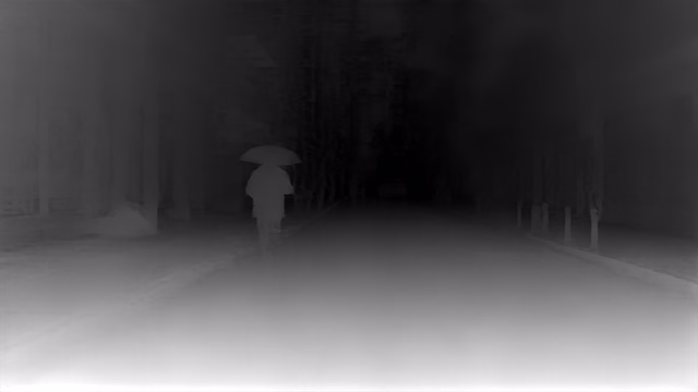 Depth Anything V2 Metric Outdoor Small depth map of Rainy night street