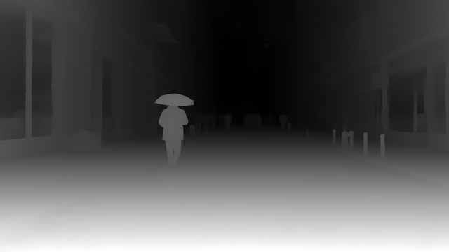 Depth Anything 3 Large 1.1 depth map of Rainy night street